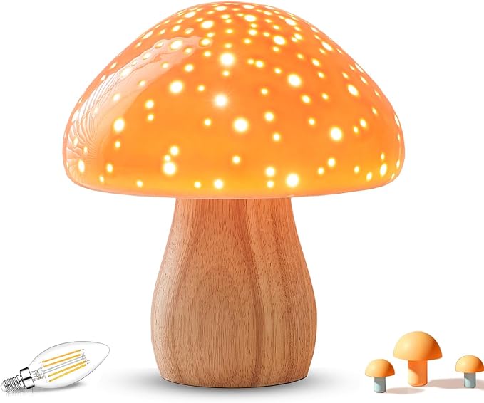 BOHON Mushroom Lamp Ceramic Bedside Table Lamp for Bedroom Orange