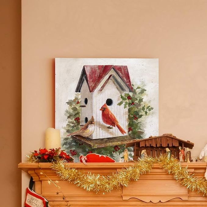 Renditions Gallery Christmas Abstract Wall Art Holly Red Cardinal Birdhouse Canvas Hanging Artwork Prints for Bedroom Living Room & Kitchen Decorations - 10"X10" LT05