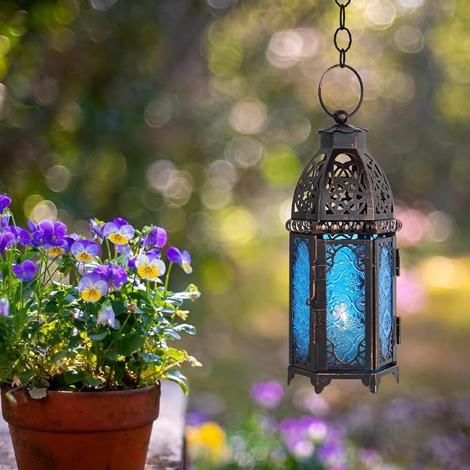 Christmas Lanterns Decorations Indoor & Outdoor, 11’’ Medium Size Vintage Metal Hanging&Tabletop Candle Holder Decor, Halloween Ramadan Decorations for Home Porch Patio(Blue)
