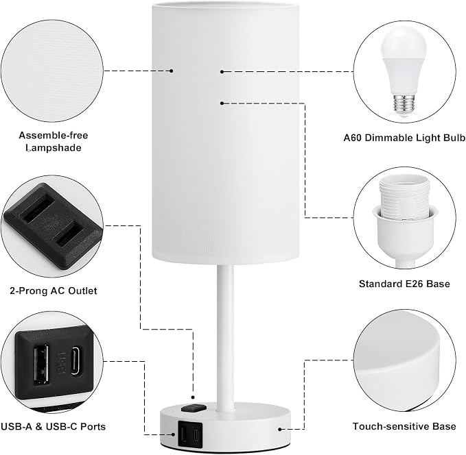 Fenmzee 17.4" White Lamp for Bedroom - Dimmable Touch, USB A+C, AC Outlet