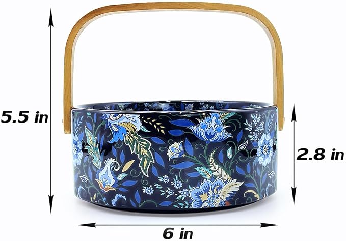 Ceramic Key Bowl with Wooden Handle Decorative Bowl Flower Basket Kitchen & Dining Table Office Room Decor(Black)