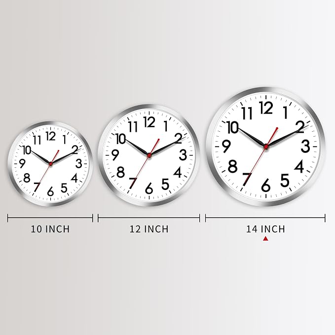 AKCISOT 14 Inch Wall Clock, Silent Battery Operated Analog Clock, Silver | Classroom | Office | Kitchen | Living Room | Garage | Shop | Large Size | Easy-to-read numbers