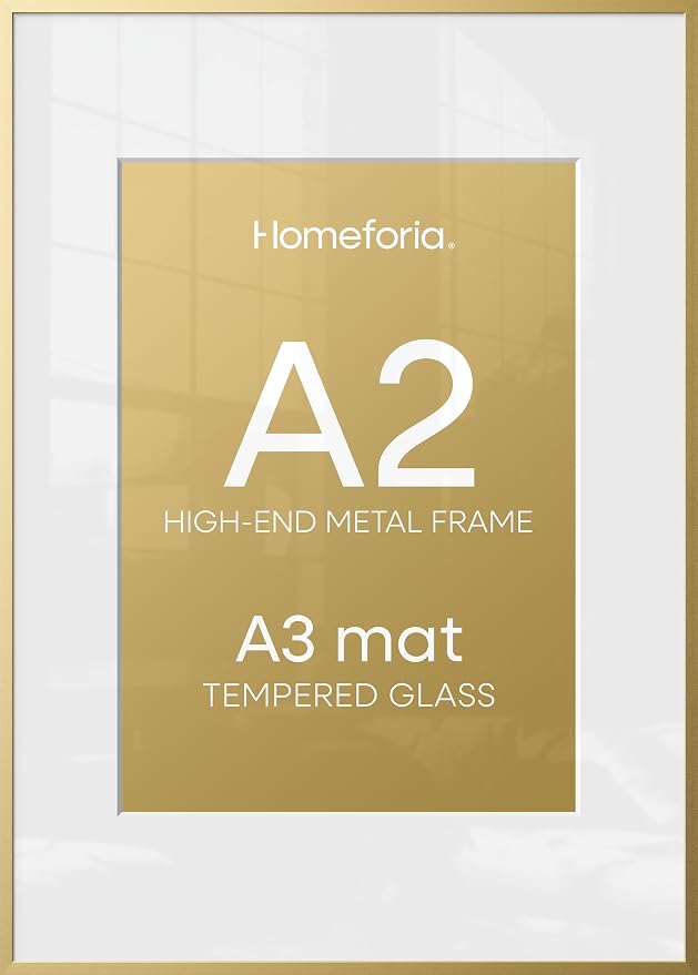 Homeforia A2 Gold Picture Frame, High-End Metal, A3 Mat, Glass