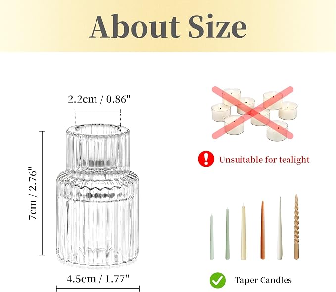 Hewory Taper Candle Holders Bulk, 2PCS Clear Glass Candlestick Holders | For 0.86" Taper Candles, Ribbed Candle Sticks Holder Decor, Wedding Table Centerpiece, Bridal Showers, Christmas, Home Decor