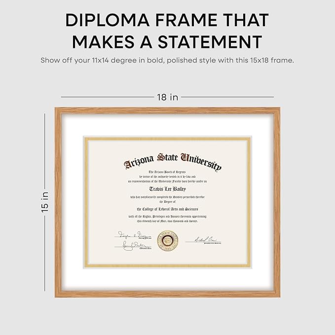 Homeforia 15x18 Natural Oak Diploma Frame, High-End Wood, 11x14 Mat, Glass