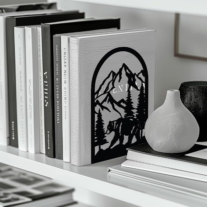 Peacoblue 5.3"x4.3"x7.9" Metal Bookends, Heavy Duty Book Ends for Shelves | Mountain and Forest with Bear Theme Cast Iron Book Supports, 1 Pair Decor Stoppers for Desk, Library, Office & Home Shelves
