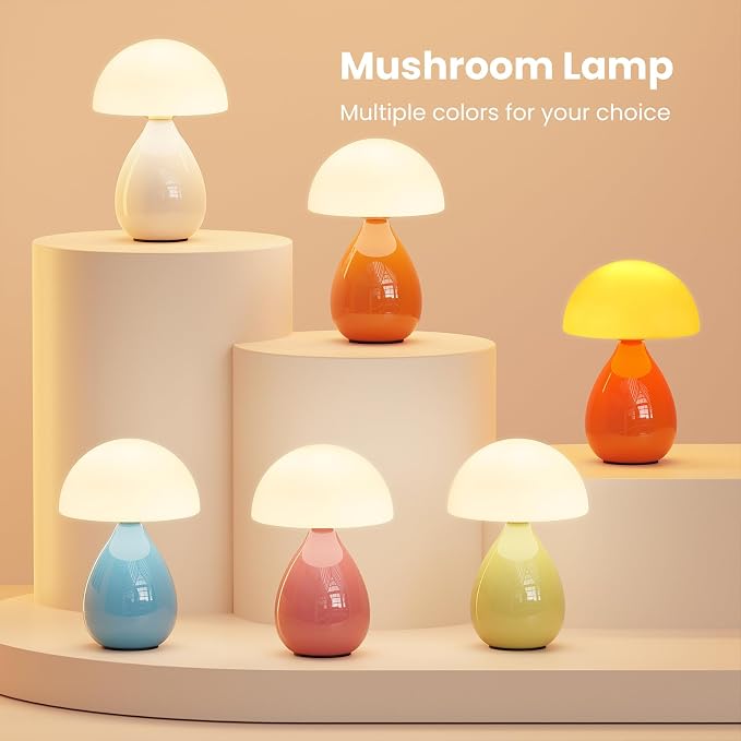 Mushroom Lamp, Mini Modern Lamp Small Vintage Table Bedside Nightstand Light, Small Light Dimmable for Bedroom, Living Room, Ceramic Base Glass Home Decor for Woman Children Gifts