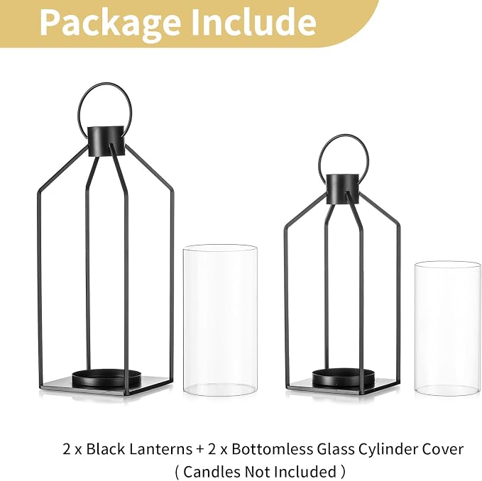 NUPTIO Decorative Lantern Candle Holder: Black Lantern with Hurricane Glass | Hanging Lanterns Decor 2 Pcs for Outdoor, Farmhouse Pillar Stand for Halloween Christmas Wedding Home Fireplace