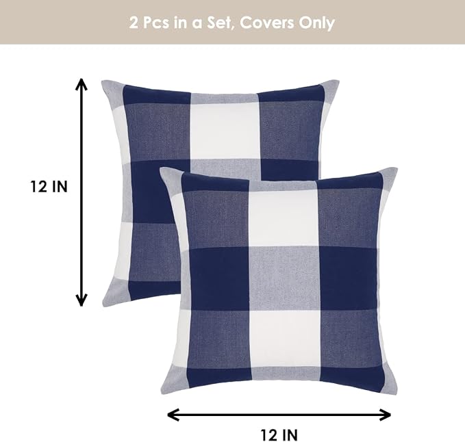 Buffalo Check Plaid Pillow Covers Decorative Outdoor Throw Pillow Covers 12 x 12 Farmhouse Throw Pillows for Couch Sofa Bed Home Pack of 2 Navy Blue