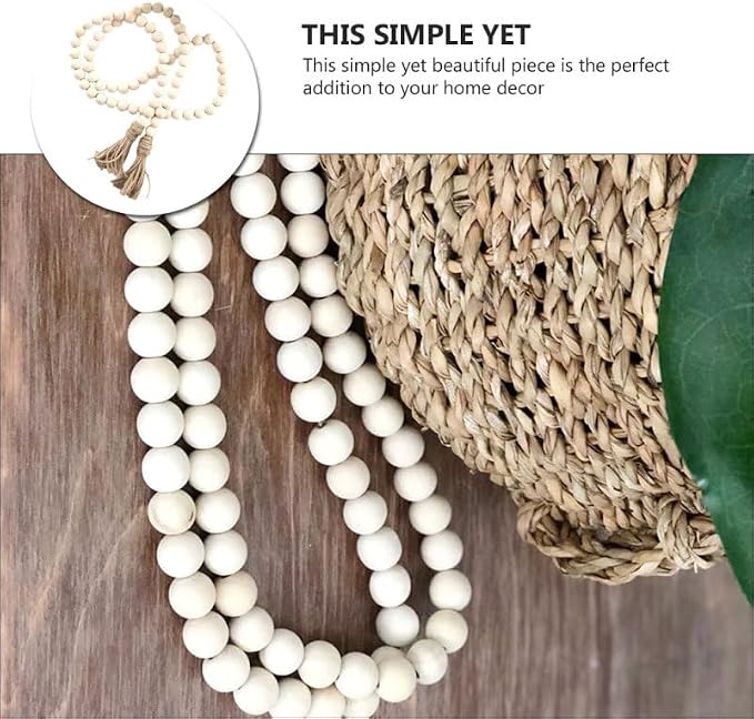 Vosarea Wood Bead Garland Rustic Farmhouse Beads with Tassel Home Wall Hanging Prayer Beads Decor Beads Wooden