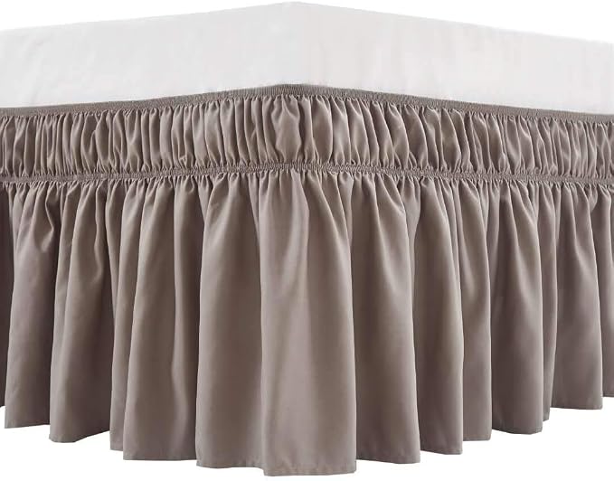MEILA Wrap Around Elastic Bed Skirt for Queen & King Beds, 12" Drop, Taupe | Three-Side Adjustable Elastic Dust Ruffle, Ruffled Polyester Fabric, Easy to Install, Fade Resistant & Machine Washable
