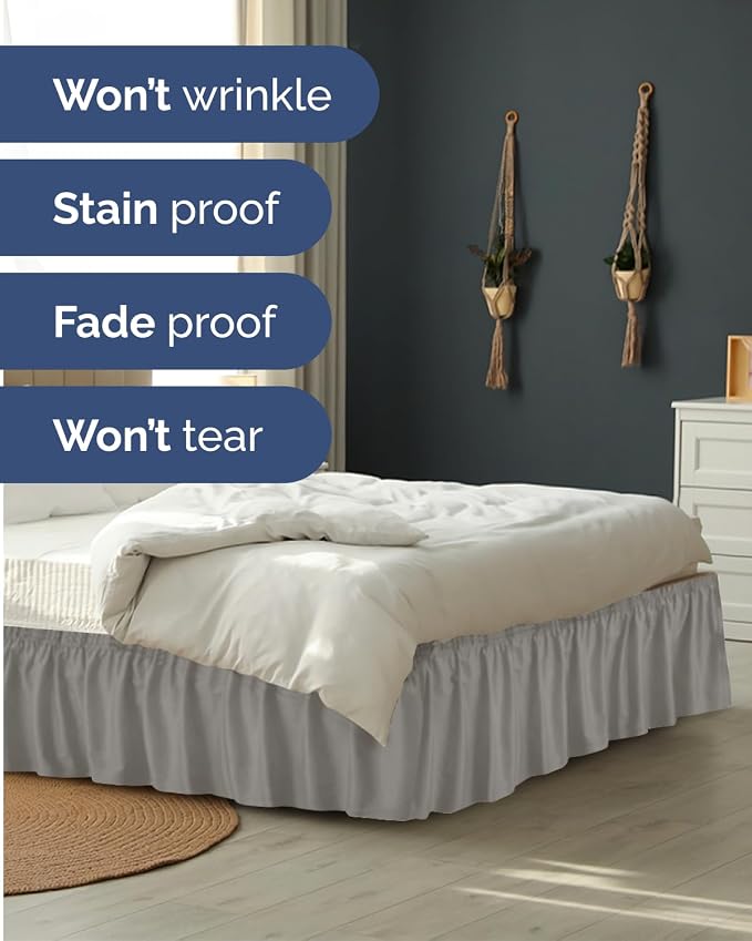 Wrap Around Dust Ruffle Bed Skirt - Light Grey - for Twin Size Beds w/ 9" Inch Drop - Easy Fit Elastic Strap - Adjustable Pleated Bedskirt w/Brushed Fabric - Wrinkle-Free - Women, Men, Kids & Teens