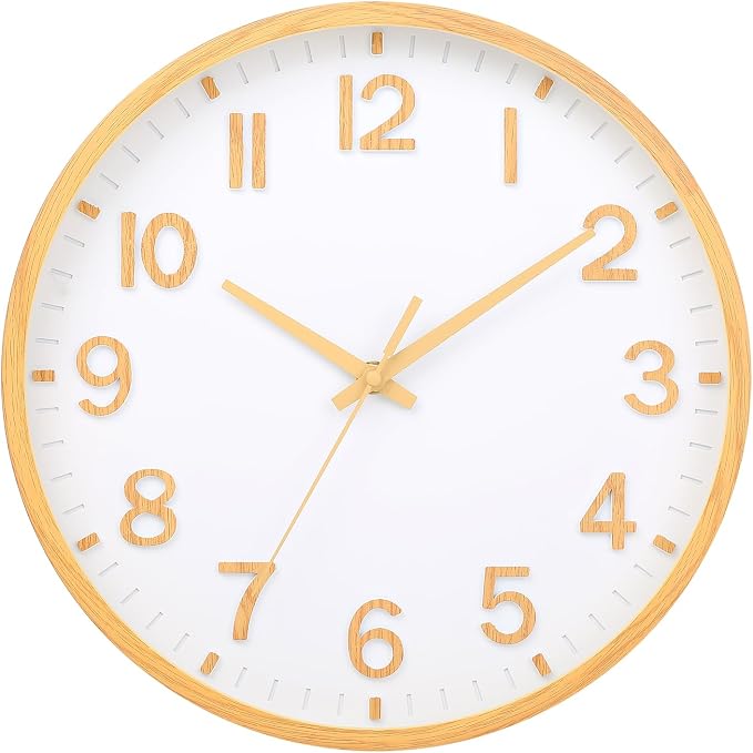 Wall Clocks Battery Operated 8 inch Modern Wall Clock,Silent Non Ticking Wall Clock for Living Room Bedroom Kitchen Office Classroom Decor (Wood Grain Yellow White)