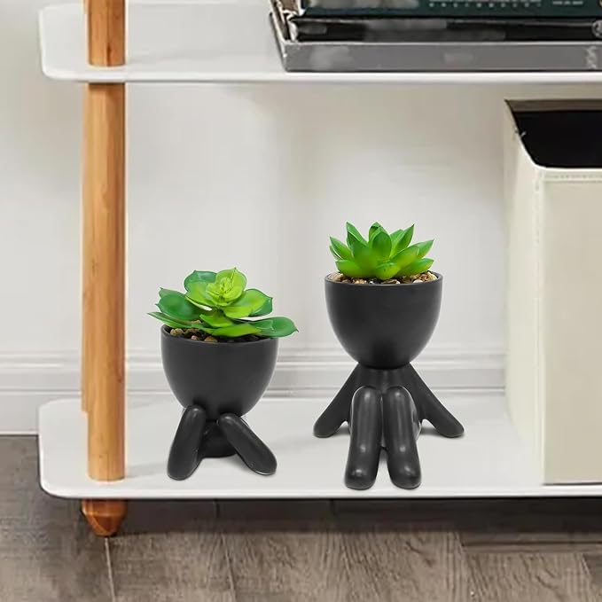Zerzsy 2PCS Cute Artificial Succulent Plants with Black Human Shaped Pots, Fake Succulents Desk Decor Plant, Mini Potted Planter for Office Decor Desktop Bathroom Decor