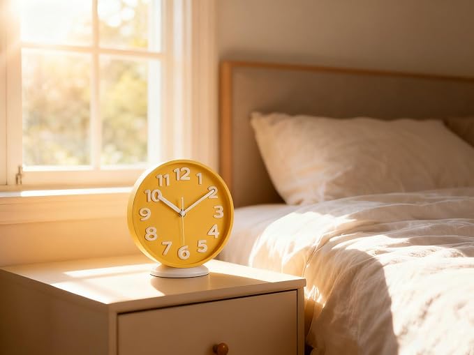 JENLYSTIME 8 Inch Vibrant Yellow Modern Wall Clock – Silent Non-Ticking, Bold 3D Numbers, Precise Quartz Movement | Decorative Desk & Wall Clock with Stand for Home, Kitchen, Bedroom, or Office
