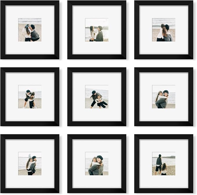 YESKAY 8x8 Picture Frame Set of 9, Photo Gallery Wall Frame Set, Display Pictures 4x4 with Mat or 8 x 8 Without Mat, Square Frame Picture Frames Collage Wall Decor, Black