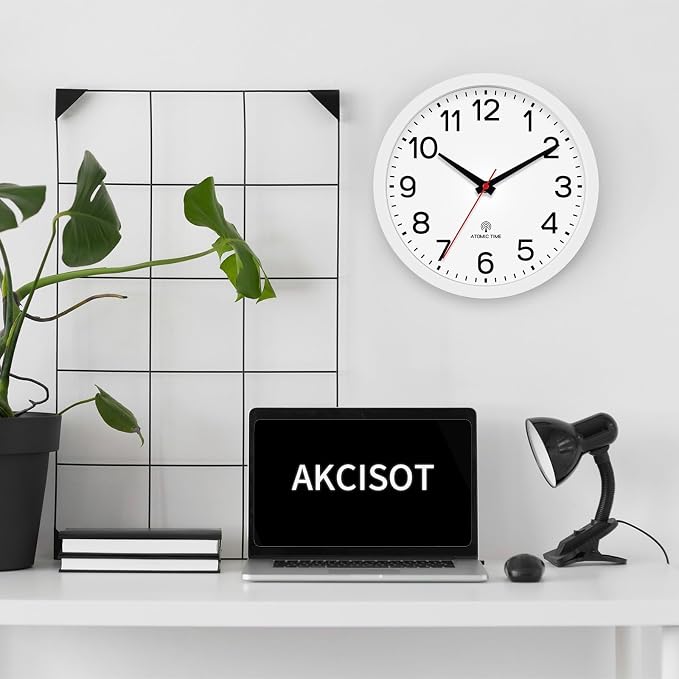 AKCISOT 10 Inch Wall Clock, Silent Battery Operated Analog Clock, White | Atomic | Classroom | Kitchen | Office | Easy to Read Numbers | Garage