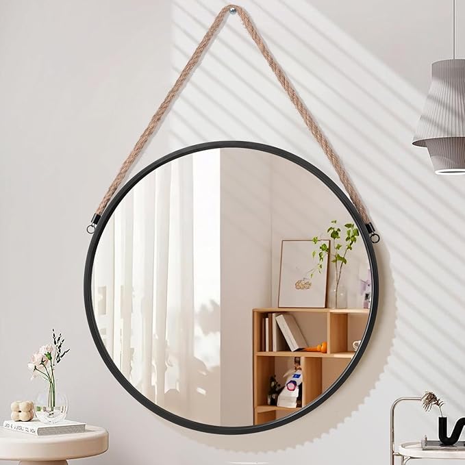 Hanging Circle Mirror Black Metal Framed Round Mirrors with Rope Modern Hanging Mirror for Bathroom Bedroom Living Room Entryway Home Wall Decor 20"