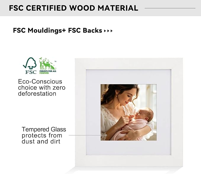 Boarding 8x8 Picture Frames White,5x5 Mat,Tempered glass,Engineered Wood