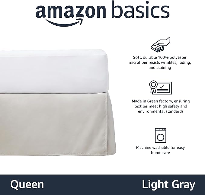 Amazon Basics Lightweight Pleated Bed Skirt, Machine Washable, Wrinkle and Fade Resistant, Queen, Light Grey, 16-Inch Drop