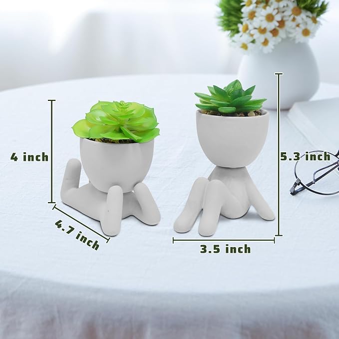 Zerzsy 2 Pack Artificial Plants Succulents with Creative Human Shaped Pots, Office Plant Cute Desk Decor for Women, Fake Succulent Decoration for Home Bathroom Shelf Decor (Grey)