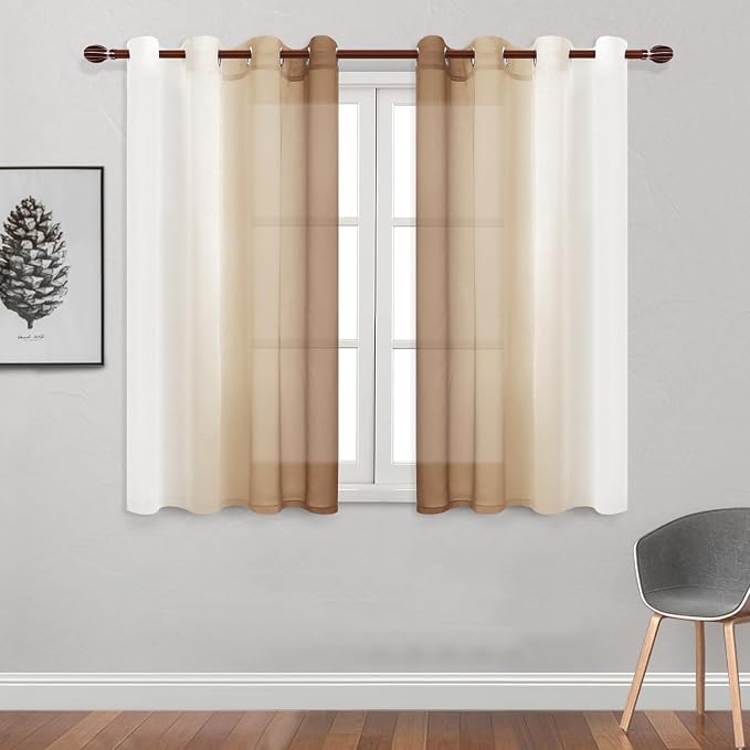 DWCN Ombre Short Sheer Curtains - Faux Linen Semi Voile Gradient Light-Filtering Bedroom and Living Room Curtains, Set of 2 Grommet Top Window Drape Panels, 52 x 45 Inch Length, Taupe