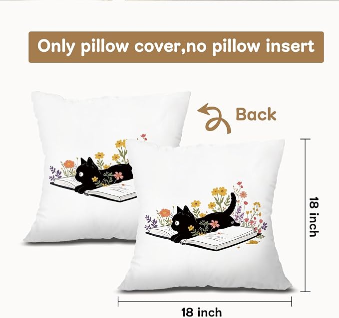 Vintage Black Cat Book Floral Pillow Covers 18x18, Black Cat Gift for Women, Book Lovers Reader Gifts Decorative Throw Pillow Covers Pillowcases for Library Reading Room Home Decor