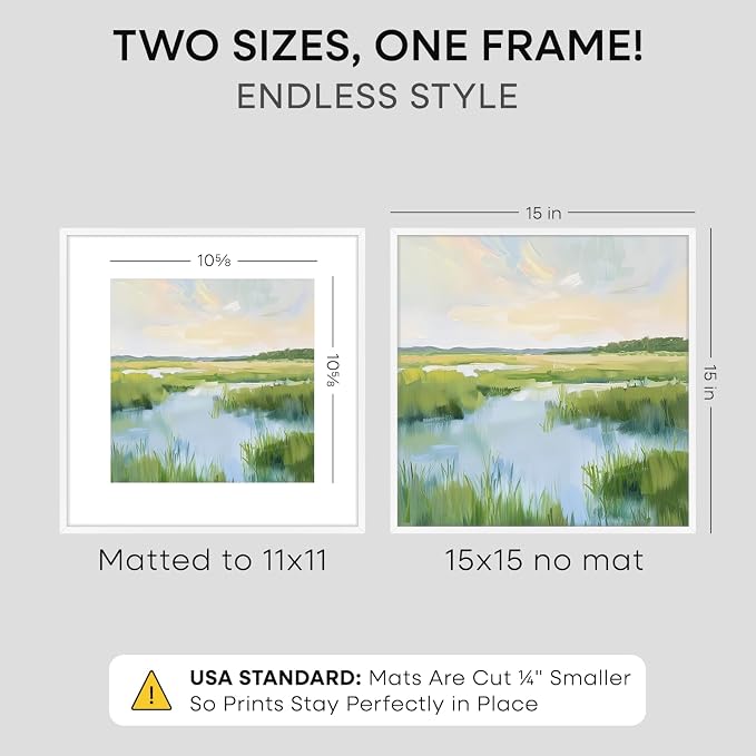 Homeforia 15x15 White Picture Frame, High-End Metal, 11x11 Mat, Glass