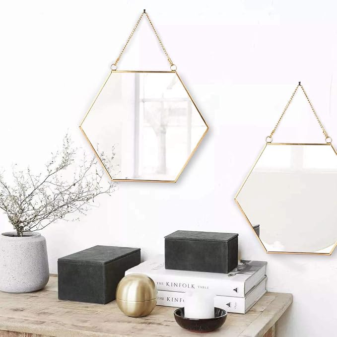 LONGWIN Hanging Wall Hexagon Mirror Decor Gold Geometric Mirror with Chain for Bathroom Bedroom Living Room 15.7"x 13.6"