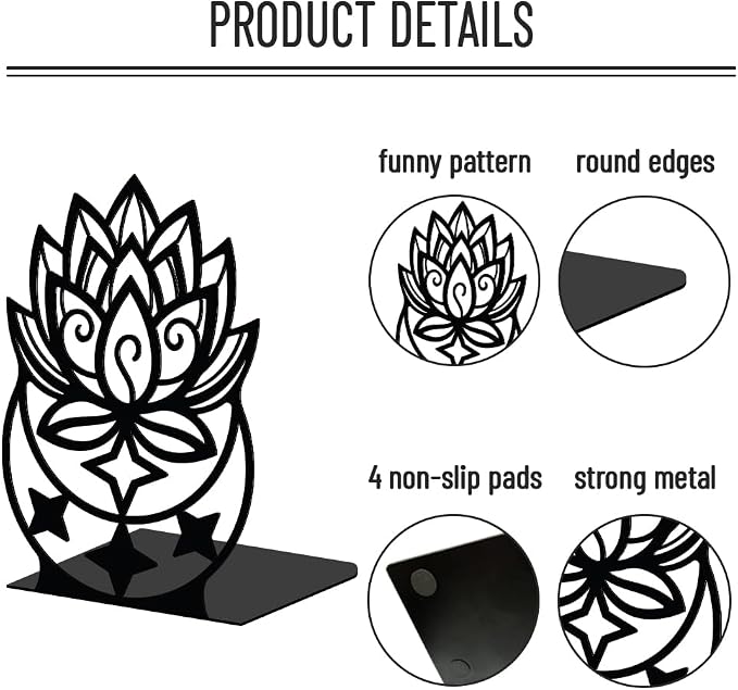 WADORN Lotus Moon Metal Decorative Bookend for Shelves 1 Pair, Heavy Duty Book Ends Unique Non-Skid Books Holder Stand Black Book Support Stoppers for Desk Bookshelf Office Home, 5.3x4.3x7.9 Inches