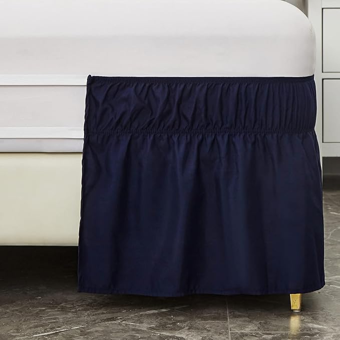 MEILA Wrap Around Bed Skirt for Queen & King Beds, 12" Drop, Navy Blue | Three-Side Adjustable Elastic Dust Ruffle, Ruffled Polyester Fabric, Easy to Install, Fade Resistant & Machine Washable