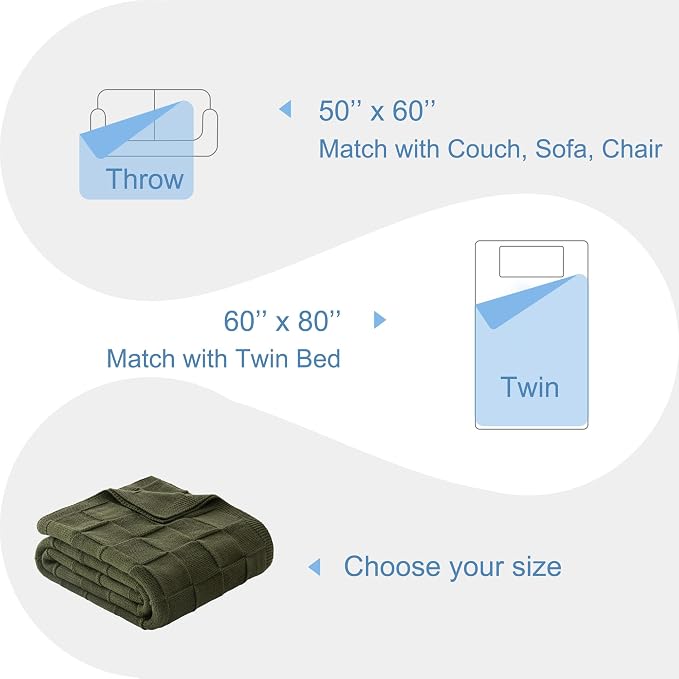 Whale Flotilla Checkered Knit Throw Blanket for Couch, Olive | Soft Decorative Knitted Blankets for Couch Sofa Bed, Lightweight Cozy Throws for Spring Summer, 50x60 Inch