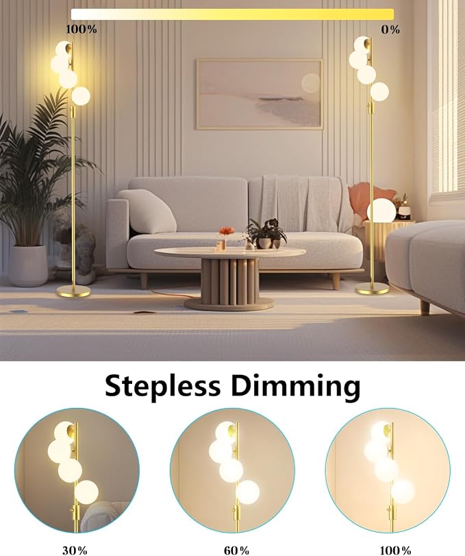 Mid Century Modern 4 Globe Gold Floor Lamp, Dimmable Standing Lamp with 3000K Warm White Bulbs Included, Tall Ambient Floor Lamp for Living Room Bedroom Home Office Sofa Beside Corner Decor