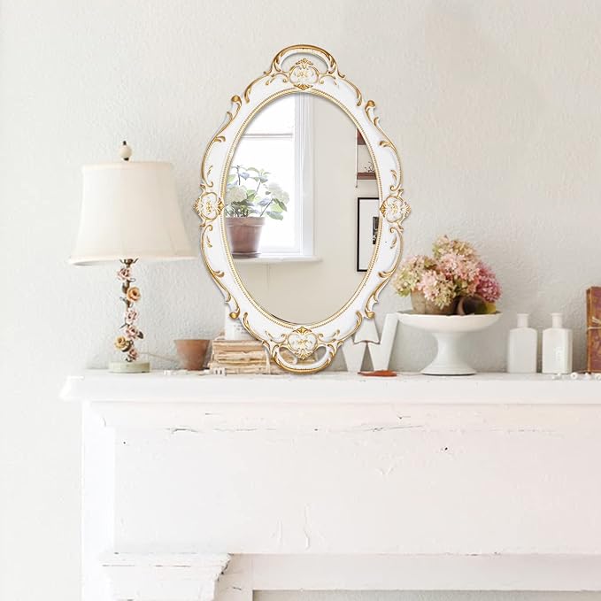 Eaoundm 14.5 x 10 inchs Oval Antique Decorative Wall Mirror (White) | Vintage Hanging Mirror