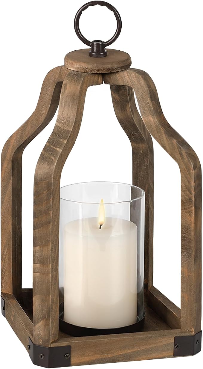 Rustic Wood Lantern Candle Holder for Farmhouse Decor | Indoor and Outdoor Table Centerpiece with Glass Hurricane, 13" High