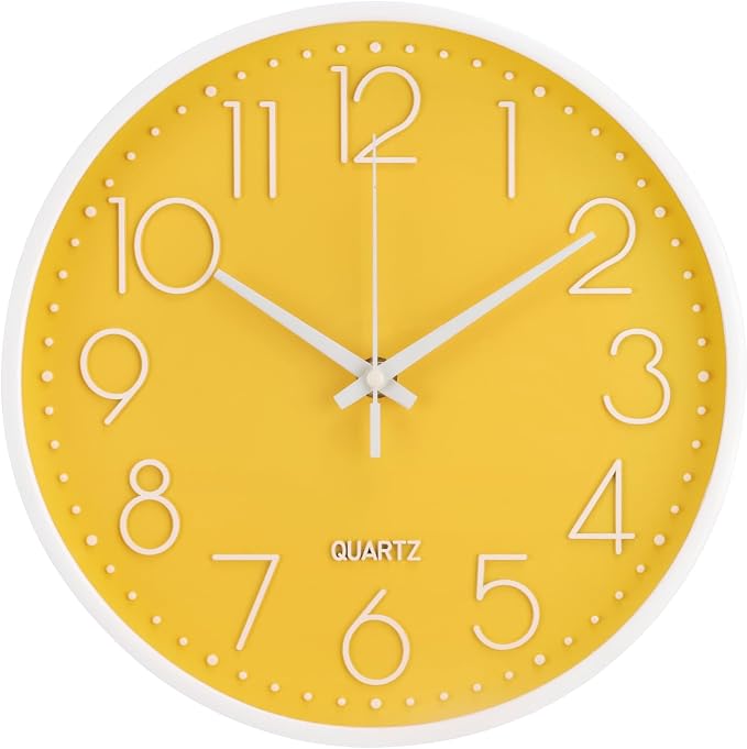 Wall Clock Non-Ticking Silent Modern Simple Style Round Decor Clock Stereoscopic Dial Quartz Wall Clocks for Home/Office/School/Living Room/Bedroom/Kitchen (Yellow, 12inch)