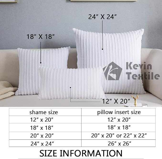 Kevin Textile Striped Corduroy 12”x20” Pillow Covers 2 Pack, Pure White