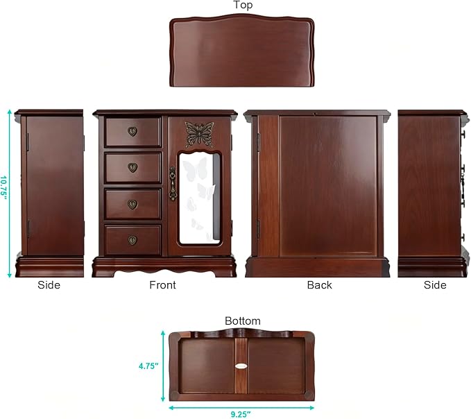 RR ROUND RICH DESIGN Solid Wood Jewelry Box for Women Brown | Vintage Butterfly Glass Door Jewelry Armoire with Mirror, 4 Drawers & Rotating Necklace Carousel
