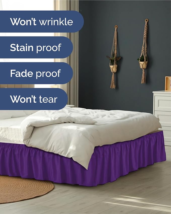 Wrap Around Dust Ruffle Bed Skirt - College Dorm Room - Twin/Twin XL | Purple, 15 Inch Drop, Elastic Strap & Adjustable Pleated Bedskirt, Wrinkle Free, for Women, Men, Students, Kids & Teens