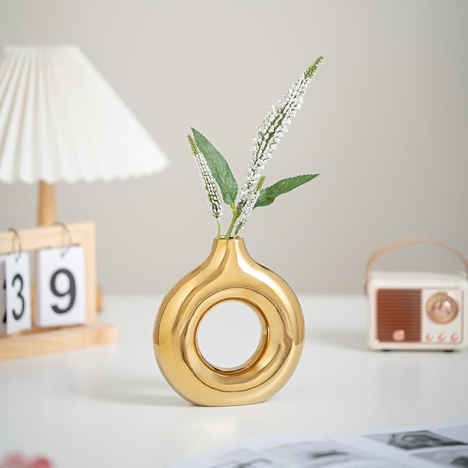 White and Gold Donut Vase, Modern Ceramic Vase for Pampas Grass, Perfect Centerpiece for Weddings, Living Room, and Office Decor (Full Gold, L)