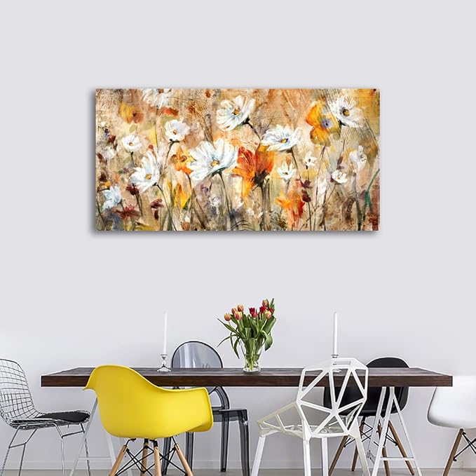 Large Flowers Wall Art White Daisy Canvas Pictures Abstract Orange Yellow Red Floral Wall Decor Elegant Artwork Painting Prints for Living Room Bedroom Kitchen Home Office Decoration Framed 29"x 58"