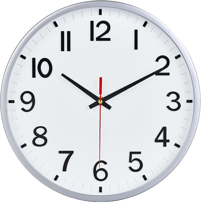 Wall Clocks Battery Operated 10 inch Modern Wall Clock,Silent Non Ticking Wall Clock for Living Room Bedroom Kitchen Office Classroom Decor (Silver and White)