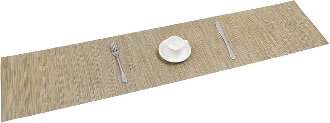 SHACOS 12x54 inch Woven Vinyl Table Runner Wipe Clean Reversible Weave Table Centerpiece Runners for Kitchen Dining Washable PVC Coffee Table Runner Indoor Outdoor, Bamboo Tan