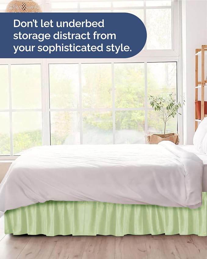 Wrap Around Dust Ruffle Bed Skirt - Light Sage Green - for Full Size Beds w/ 24" Drop - Easy Fit Elastic Strap - Adjustable Pleated Bedskirt w/Brushed Fabric - Wrinkle Free - Women, Men, Kids & Teens