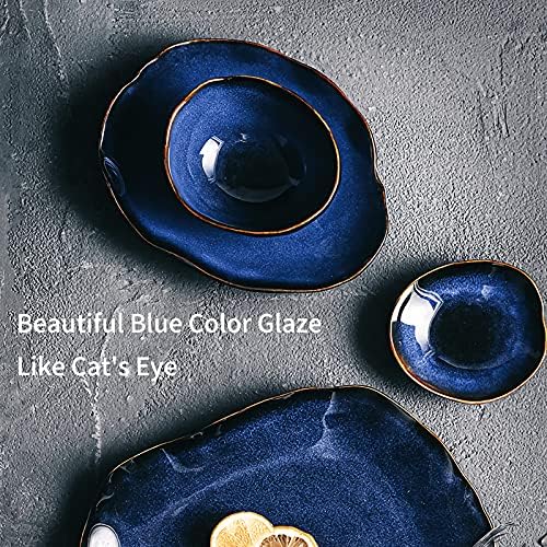 8 Inch Ceramic Decorative Bowl, Blue Reactive Glaze Centerpiece