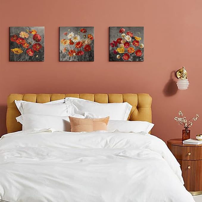 Daisiy Flower Wall Art Home Decor Red Poppy Floral Canvas Prints Paintings Artwork 24 x 24 Inch x 3 Pcs Black and White Modern Still Life Picture Decoration for Bathroon Bedroom Stretched and Framed