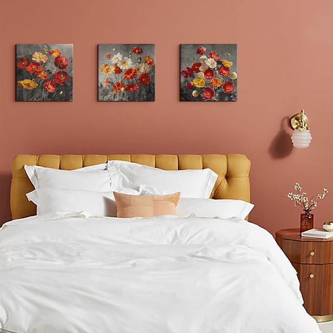 Red Burnt Orange Poppy Daisy Wall Art Canvas Prints Black and White Flower Pictures for Bedroom Vintage Nature Floral Posters Bathroom Decor Retro Wildflower Artwork Office Home Decoration 16x16” 3P