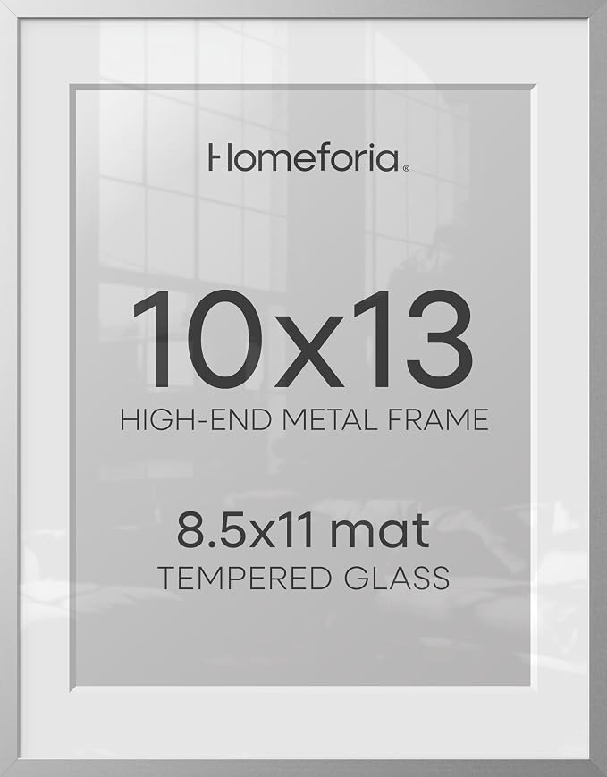 Homeforia 10x13 Silver Picture Frame, High-End Metal, 8.5x11 Mat, Glass