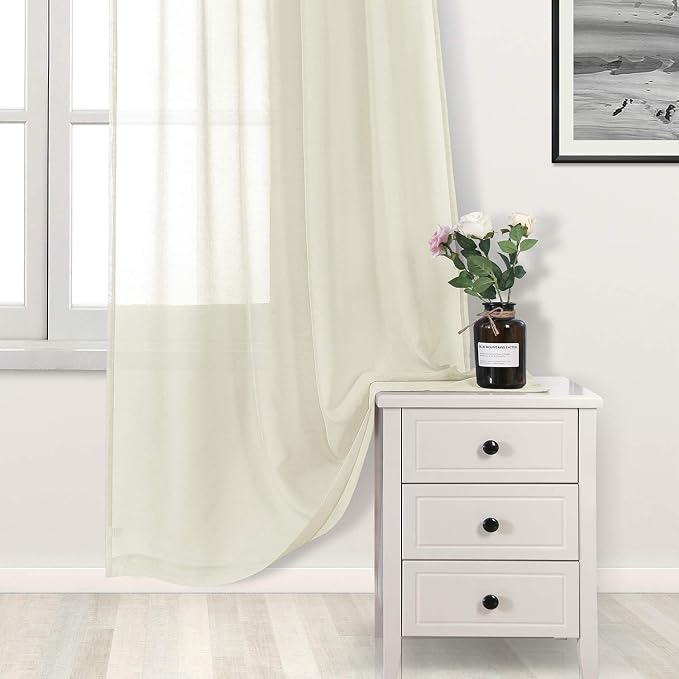 DWCN Ivory Sheer Curtains Linen Look Semi Transparent Voile Grommet Curtains for Living Dining Room Drapes 46 x 45 Inch Long, Set of 2 Panels