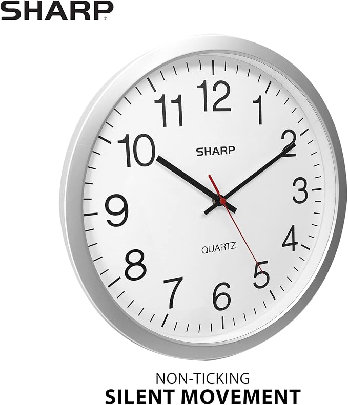 Sharp Wall Clock – Silver, Silent Non Ticking 14 Inch Quality Quartz Battery Operated Round Easy to Read Home/Kitchen/Office/Classroom/School Clocks, Sweep Movement (Pack of 2)